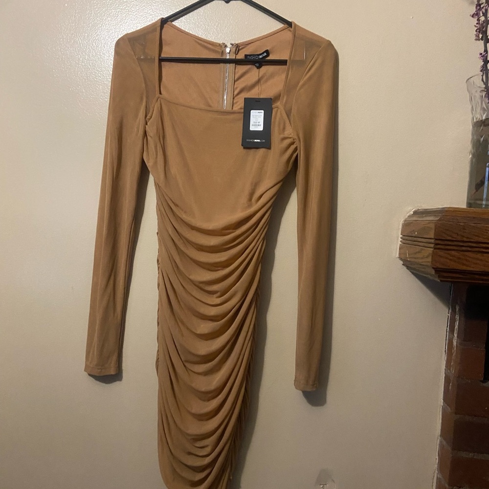 Fashion Nova Camel Long Sleeve Dress